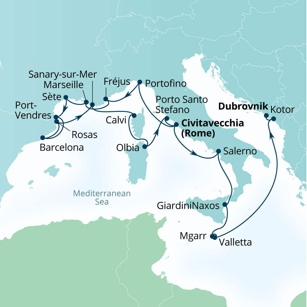 Carte de l’itinéraire Seabourn Ovation, Civitavecchia (Rome), Italie → Dubrovnik, Croatie