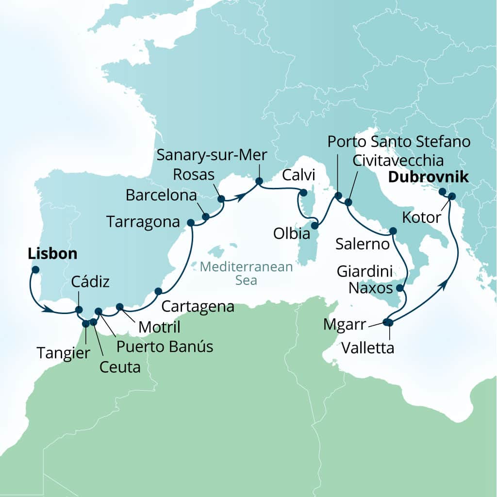 Carte de l’itinéraire Seabourn Ovation, Lisbonne, Portugal → Dubrovnik, Croatie