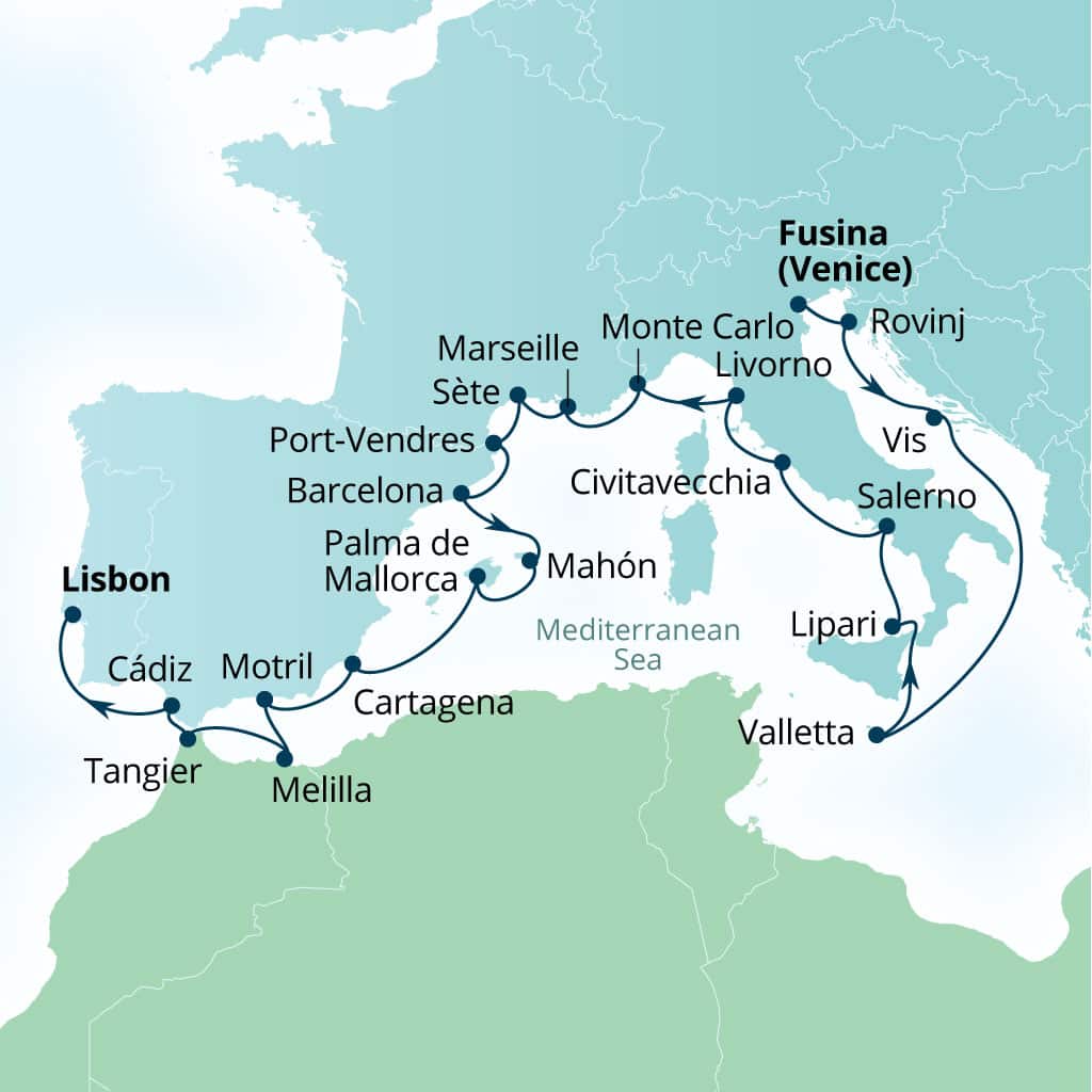 Carte de l’itinéraire Seabourn Ovation, Fusina (Venise), Italie → Lisbonne, Portugal