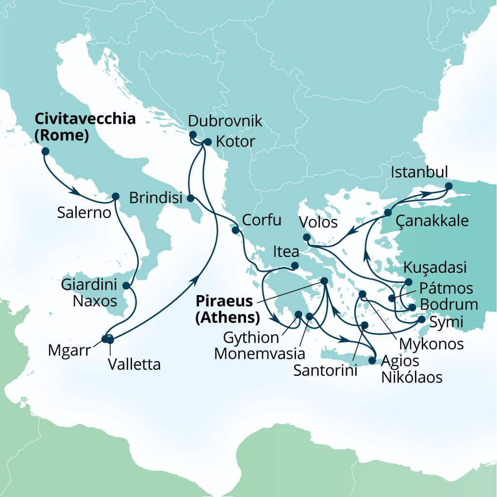 Carte de l’itinéraire Seabourn Ovation, Civitavecchia (Rome), Italie → Le Pirée (Athènes), Grèce