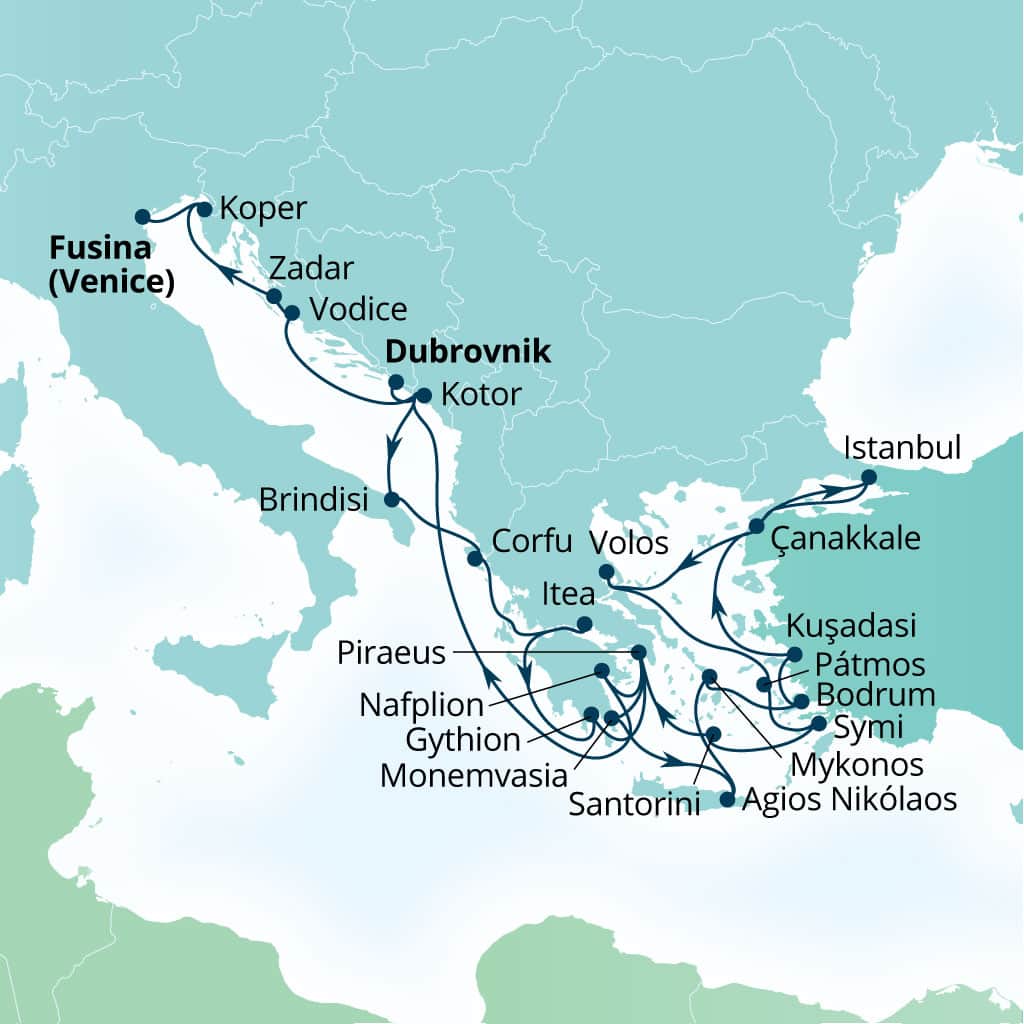 Carte de l’itinéraire Seabourn Ovation, Dubrovnik, Croatie → Fusina (Venise), Italie
