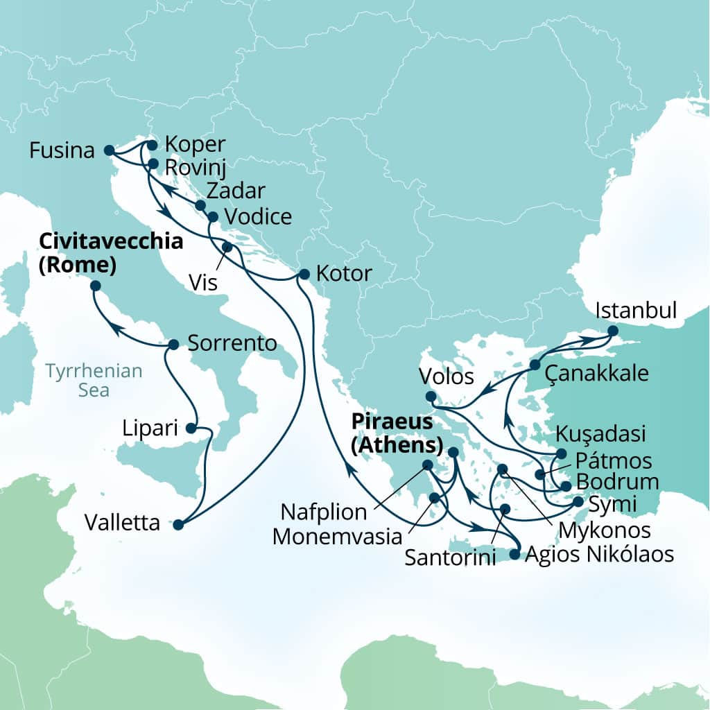 Carte de l’itinéraire Seabourn Ovation, Le Pirée (Athènes), Grèce → Civitavecchia (Rome), Italie