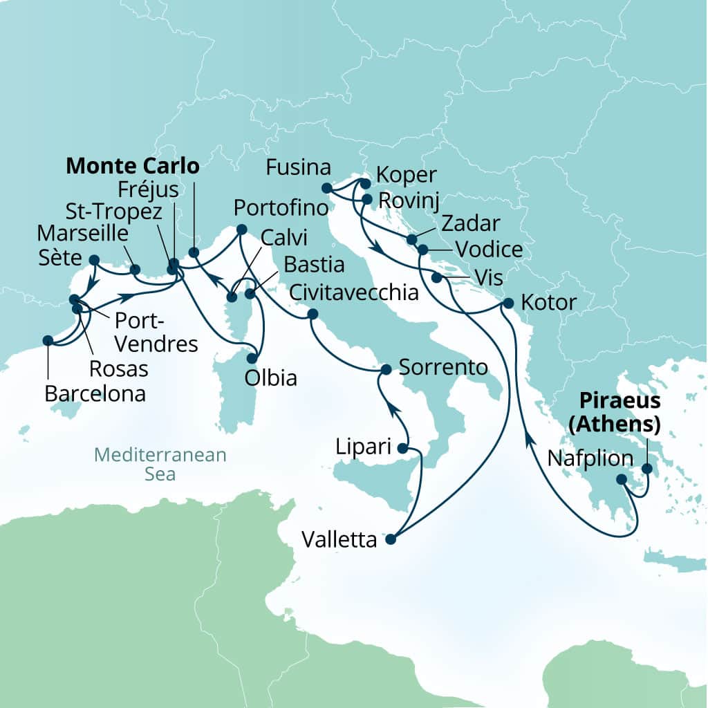 Carte de l’itinéraire Seabourn Ovation, Le Pirée (Athènes), Grèce → Monte Carlo, Monaco