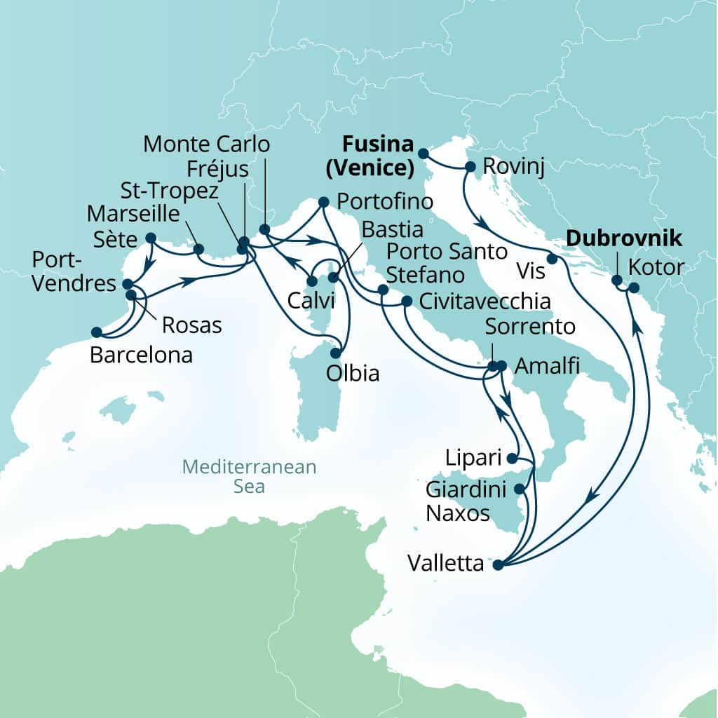 Carte de l’itinéraire Seabourn Ovation, Fusina (Venise), Italie → Dubrovnik, Croatie