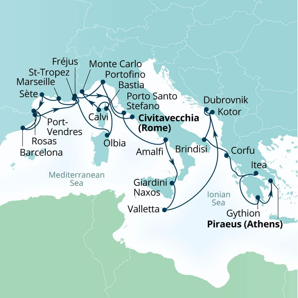 Carte de l’itinéraire Seabourn Ovation, Civitavecchia (Rome), Italie → Le Pirée (Athènes), Grèce