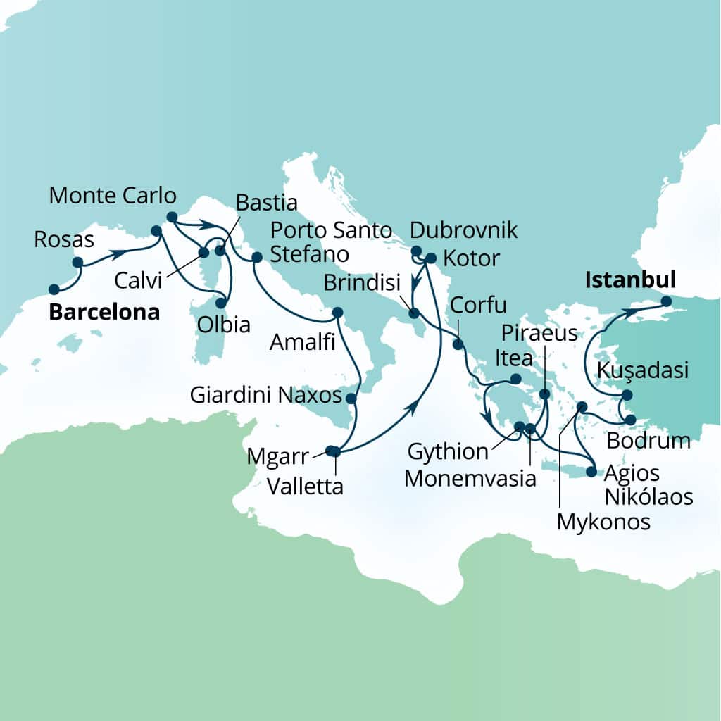Carte de l’itinéraire Seabourn Ovation, Barcelone, Espagne → Istanbul, Turquie