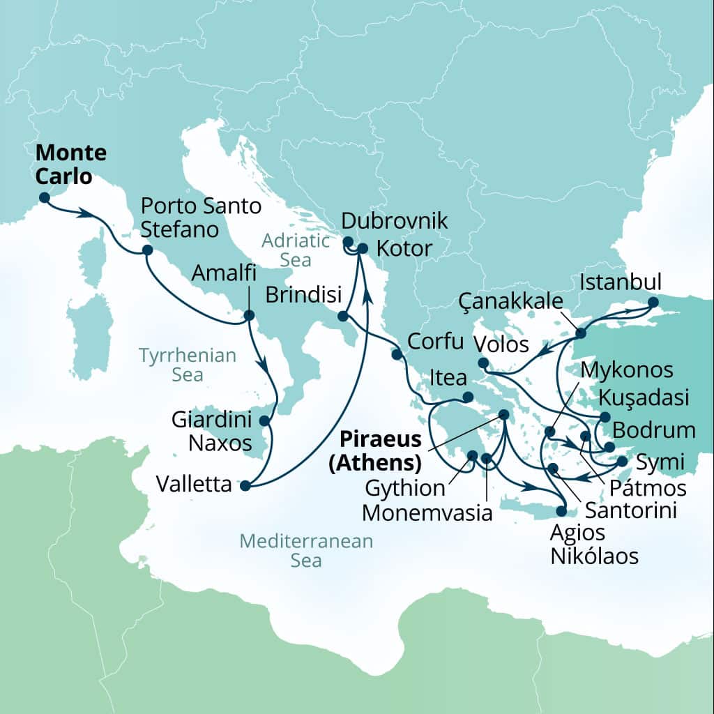 Carte de l’itinéraire Seabourn Ovation, Monte Carlo, Monaco → Le Pirée (Athènes), Grèce