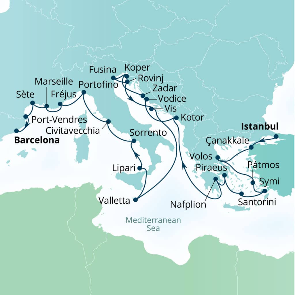 Carte de l’itinéraire Seabourn Ovation, Istanbul, Turquie → Barcelone, Espagne