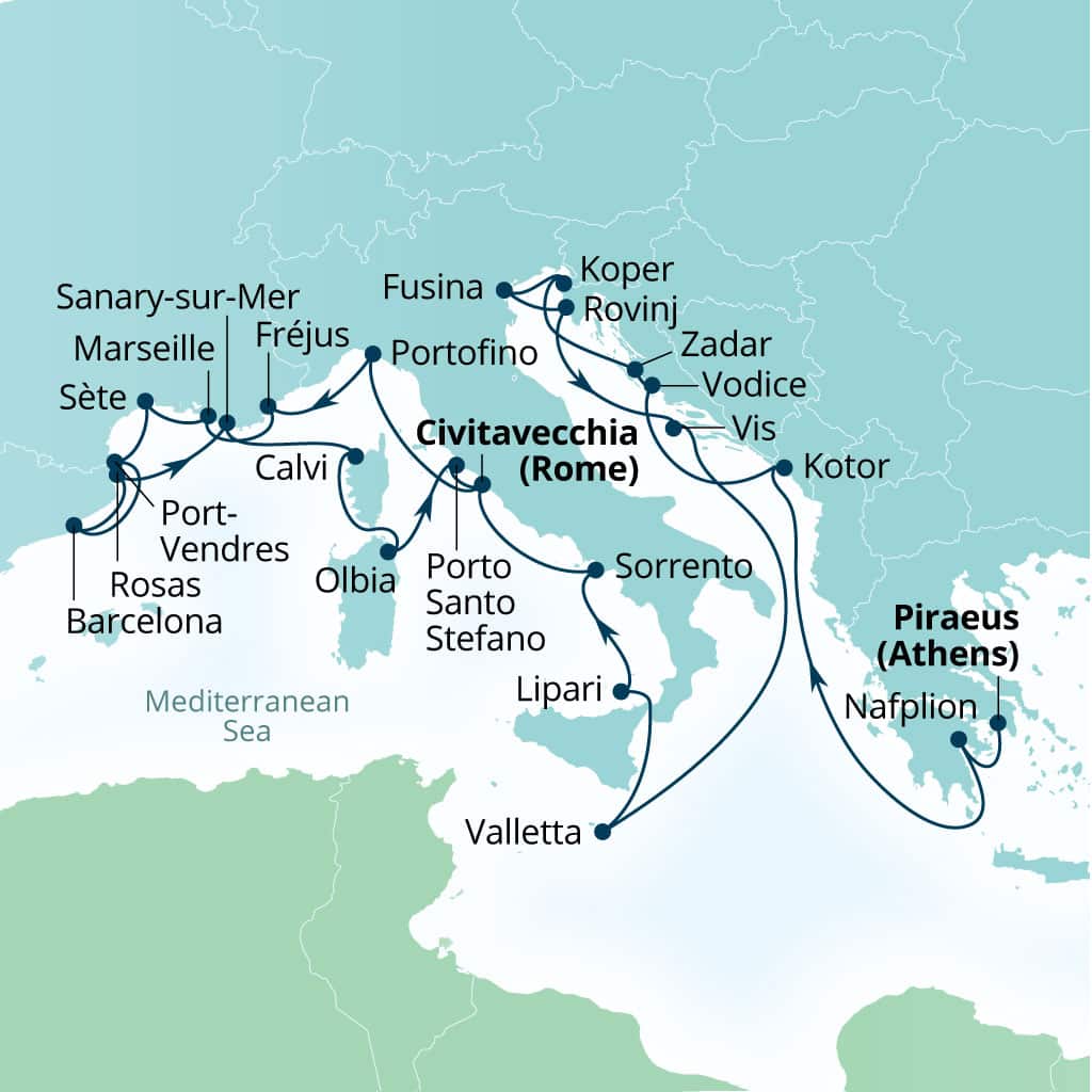 Carte de l’itinéraire Seabourn Ovation, Le Pirée (Athènes), Grèce → Civitavecchia (Rome), Italie