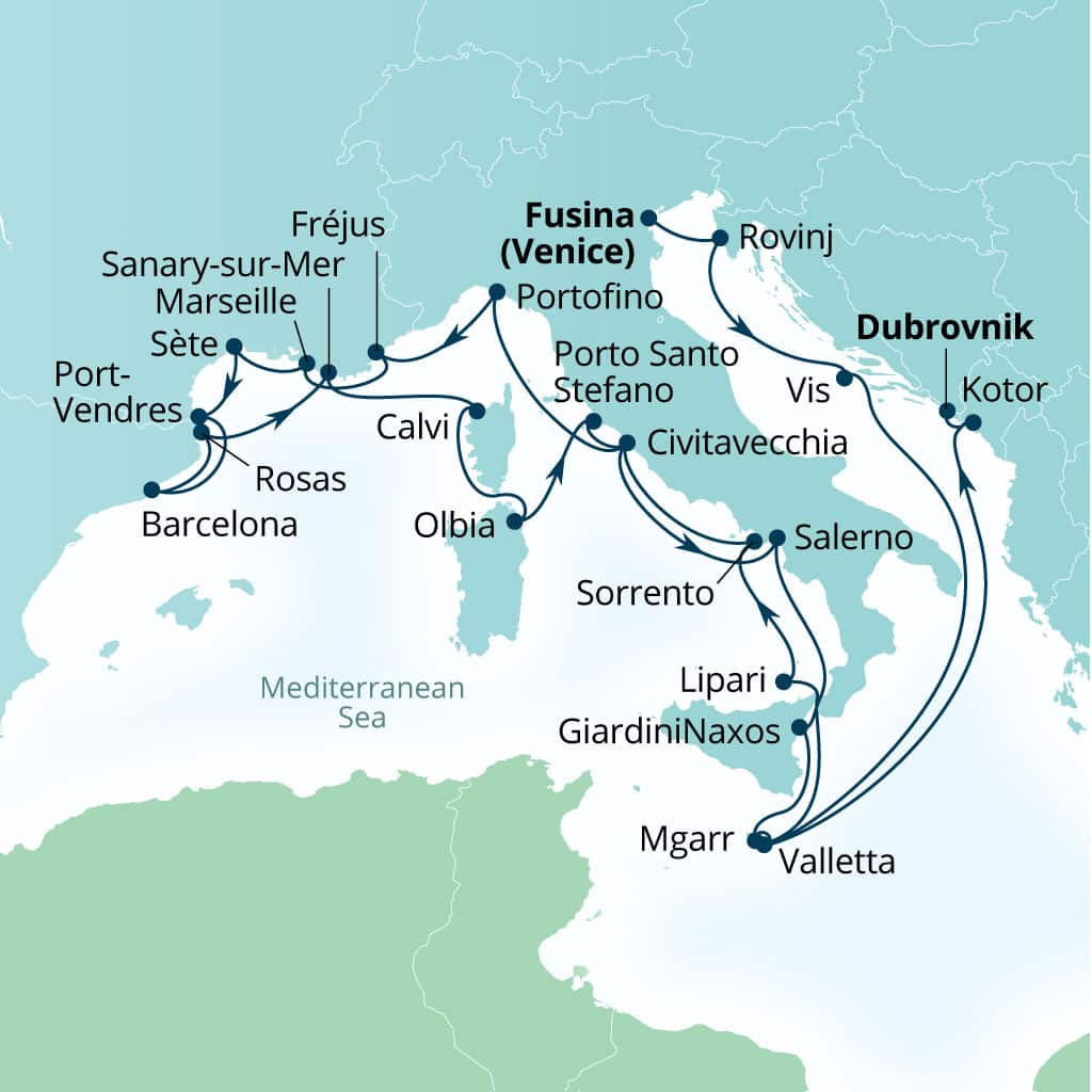 Carte de l’itinéraire Seabourn Ovation, Fusina (Venise), Italie → Dubrovnik, Croatie