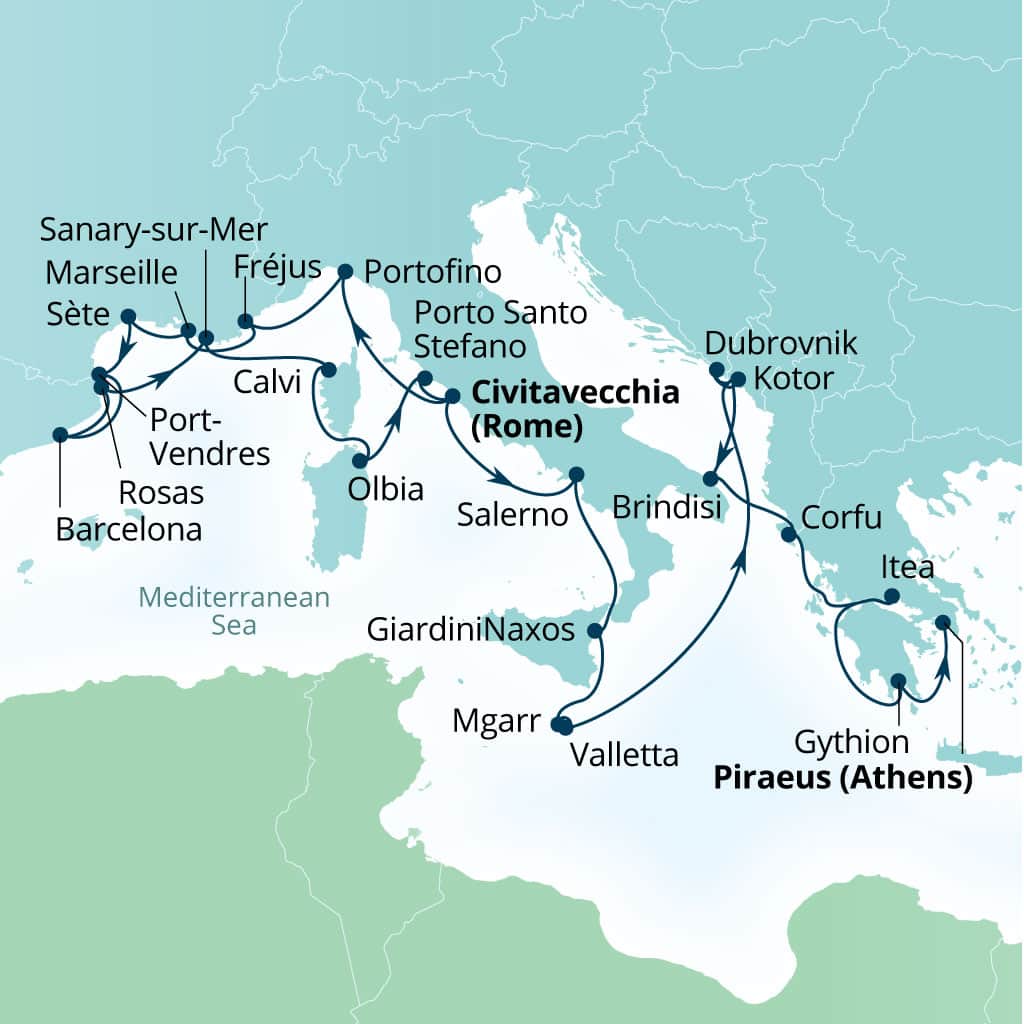 Carte de l’itinéraire Seabourn Ovation, Civitavecchia (Rome), Italie → Le Pirée (Athènes), Grèce