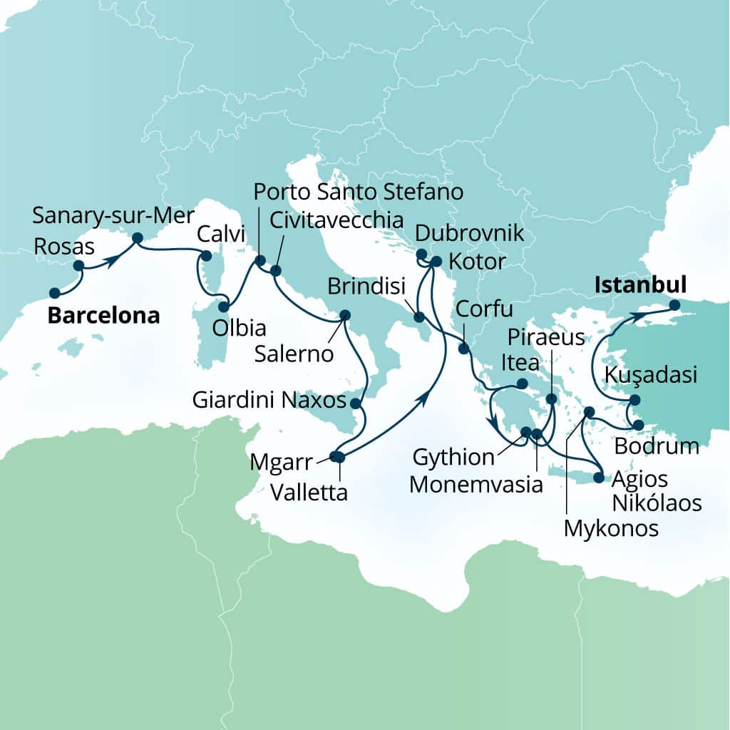 Carte de l’itinéraire Seabourn Ovation, Barcelone, Espagne → Istanbul, Turquie