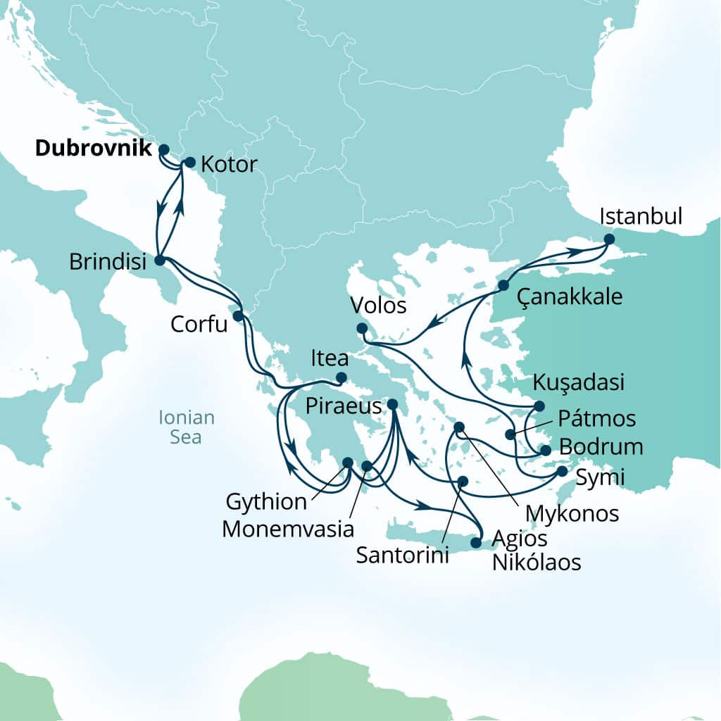 Carte de l’itinéraire Seabourn Ovation, Dubrovnik, Croatie → Dubrovnik, Croatie