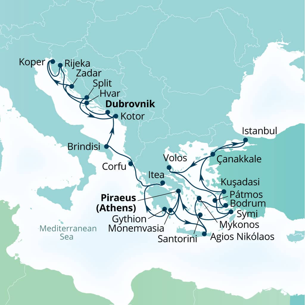 Carte de l’itinéraire Seabourn Ovation, Le Pirée (Athènes), Grèce → Dubrovnik, Croatie