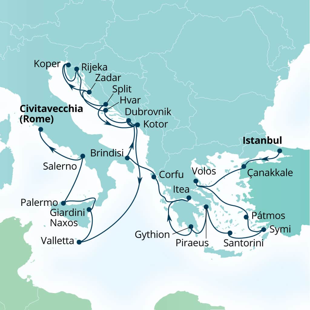 Carte de l’itinéraire Seabourn Ovation, Istanbul, Turquie → Civitavecchia (Rome), Italie
