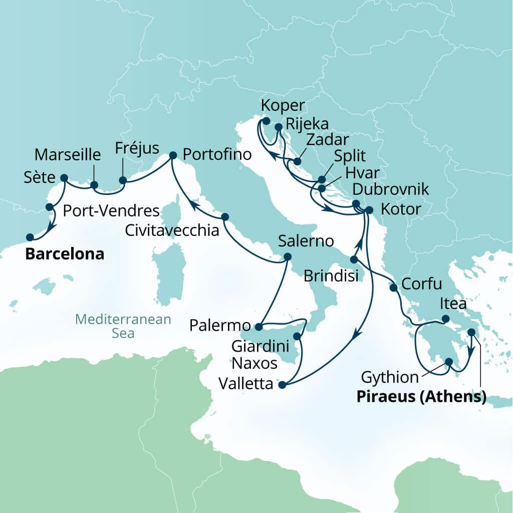 Carte de l’itinéraire Seabourn Ovation, Le Pirée (Athènes), Grèce → Barcelone, Espagne