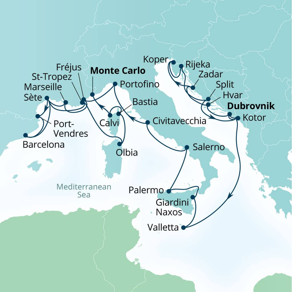 Carte de l’itinéraire Seabourn Ovation, Dubrovnik, Croatie → Monte Carlo, Monaco