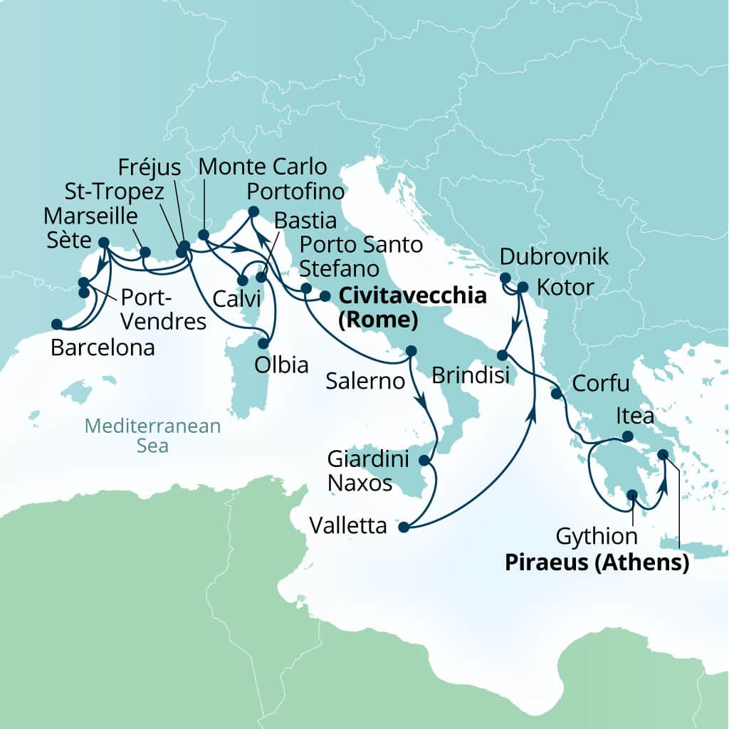 Carte de l’itinéraire Seabourn Ovation, Civitavecchia (Rome), Italie → Le Pirée (Athènes), Grèce
