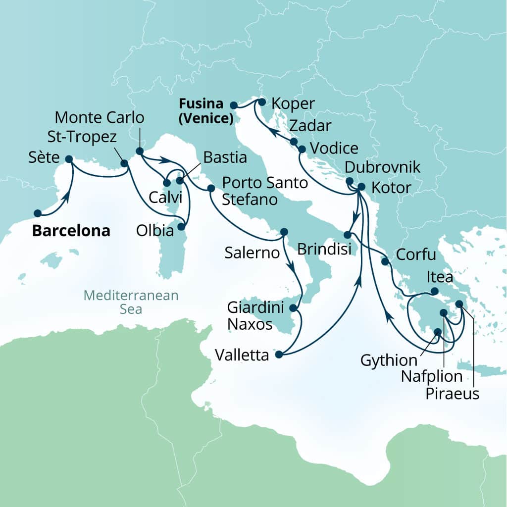 Carte de l’itinéraire Seabourn Ovation, Barcelone, Espagne → Fusina (Venise), Italie