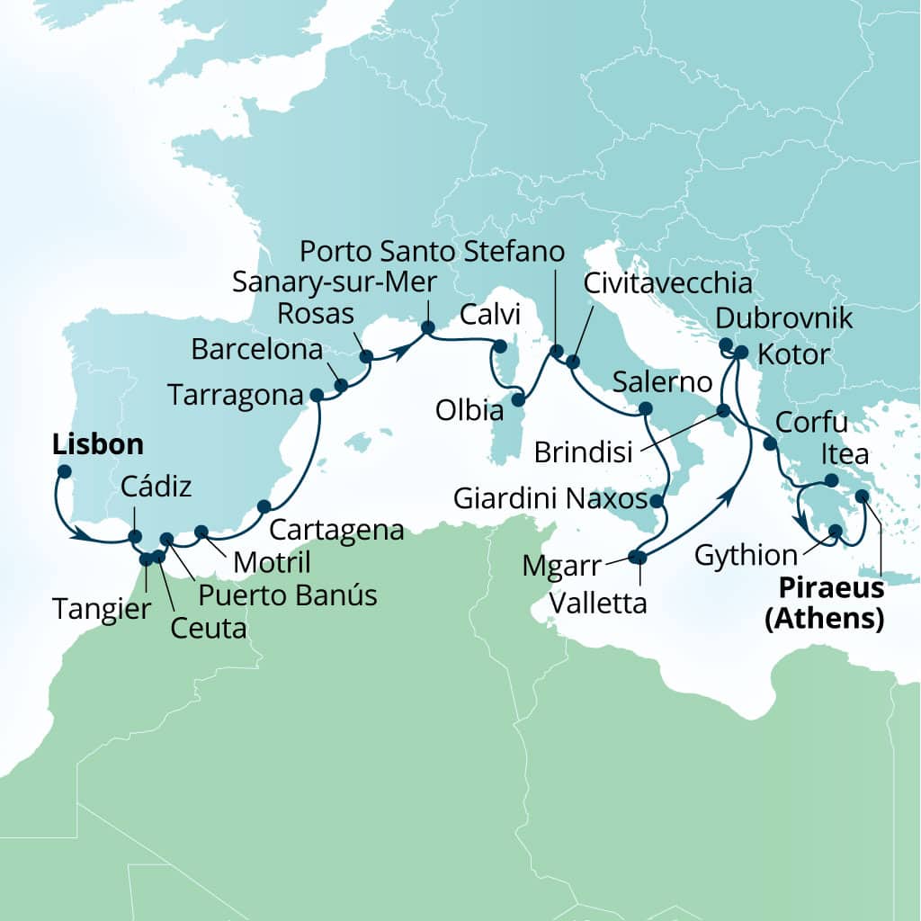 Carte de l’itinéraire Seabourn Ovation, Lisbonne, Portugal → Le Pirée (Athènes), Grèce