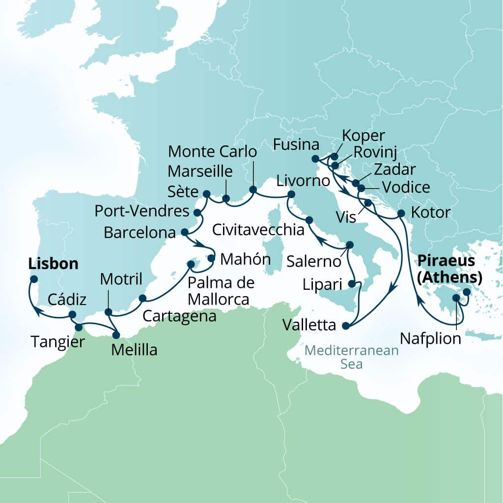 Carte de l’itinéraire Seabourn Ovation, Le Pirée (Athènes), Grèce → Lisbonne, Portugal