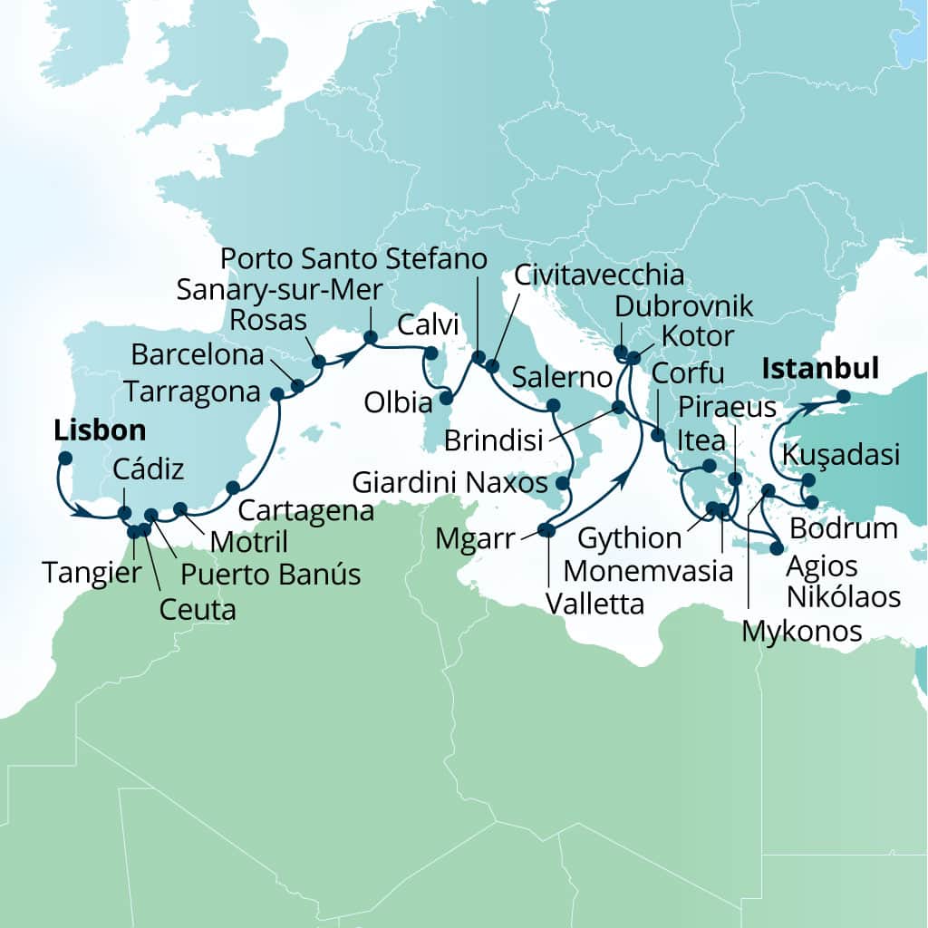 Carte de l’itinéraire Seabourn Ovation, Lisbonne, Portugal → Istanbul, Turquie