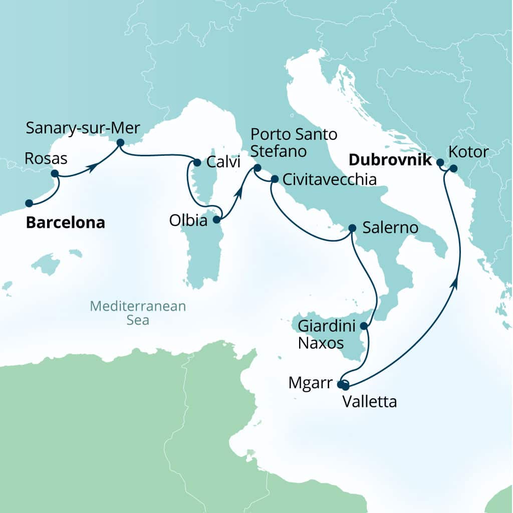 Carte de l’itinéraire Seabourn Ovation, Barcelone, Espagne → Dubrovnik, Croatie