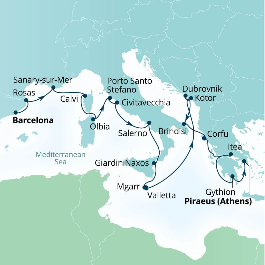 Carte de l’itinéraire Seabourn Ovation, Barcelone, Espagne → Le Pirée (Athènes), Grèce