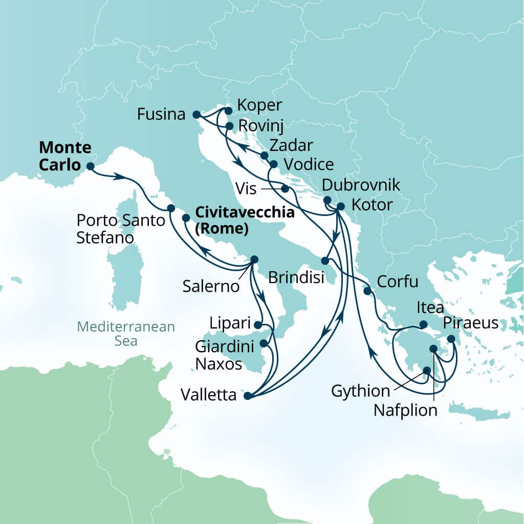 Carte de l’itinéraire Seabourn Ovation, Monte Carlo, Monaco → Civitavecchia (Rome), Italie