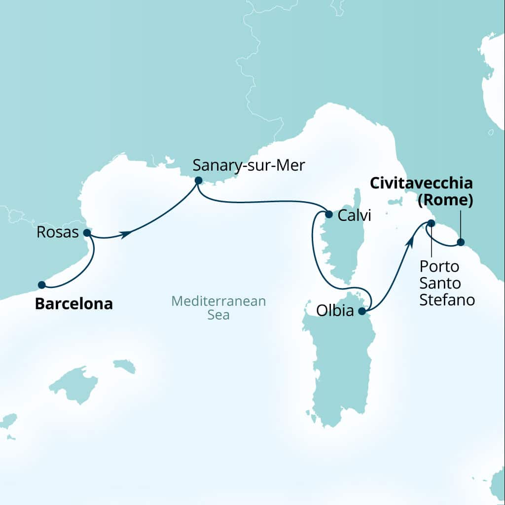 Carte de l’itinéraire Seabourn Ovation, Barcelone, Espagne → Civitavecchia (Rome), Italie