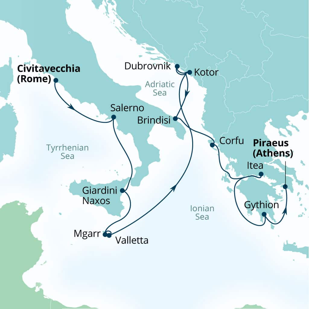 Carte de l’itinéraire Seabourn Ovation, Civitavecchia (Rome), Italie → Le Pirée (Athènes), Grèce