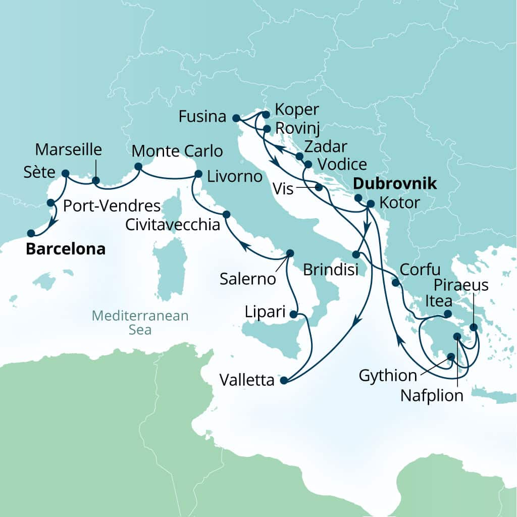 Carte de l’itinéraire Seabourn Ovation, Dubrovnik, Croatie → Barcelone, Espagne