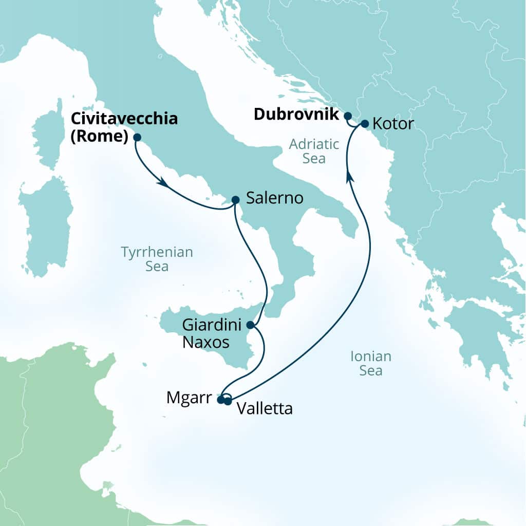 Carte de l’itinéraire Seabourn Ovation, Civitavecchia (Rome), Italie → Dubrovnik, Croatie