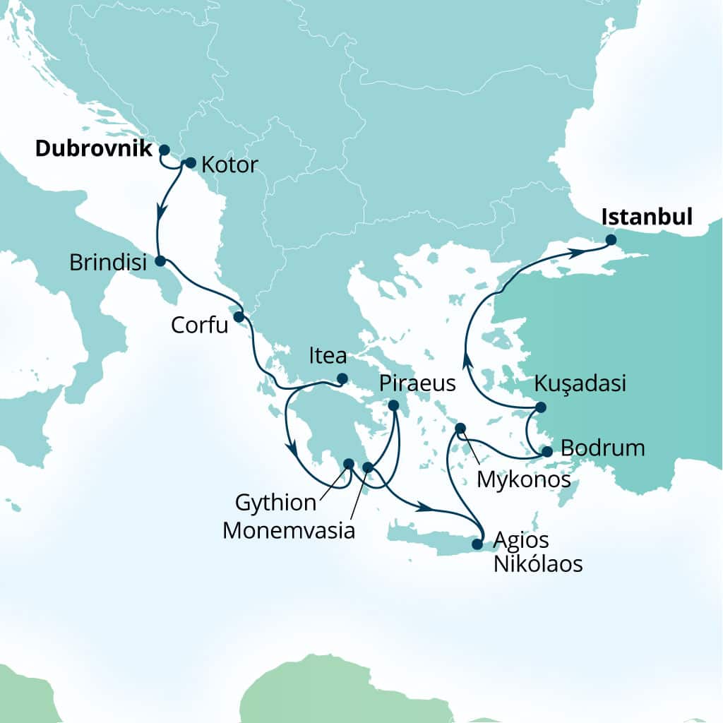 Carte de l’itinéraire Seabourn Ovation, Dubrovnik, Croatie → Istanbul, Turquie
