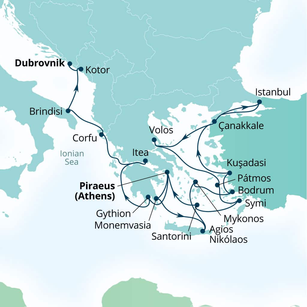 Carte de l’itinéraire Seabourn Ovation, Le Pirée (Athènes), Grèce → Dubrovnik, Croatie