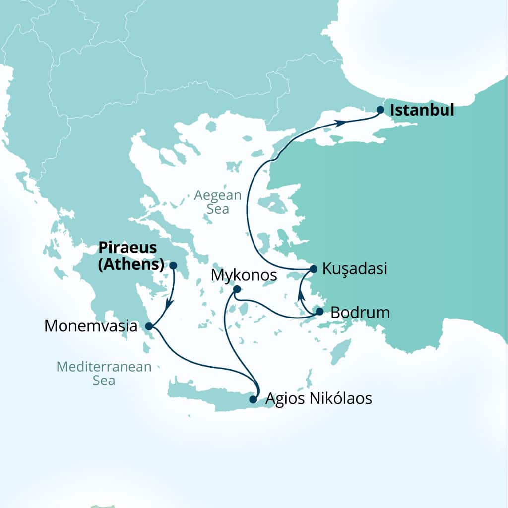 Carte de l’itinéraire Seabourn Ovation, Le Pirée (Athènes), Grèce → Istanbul, Turquie