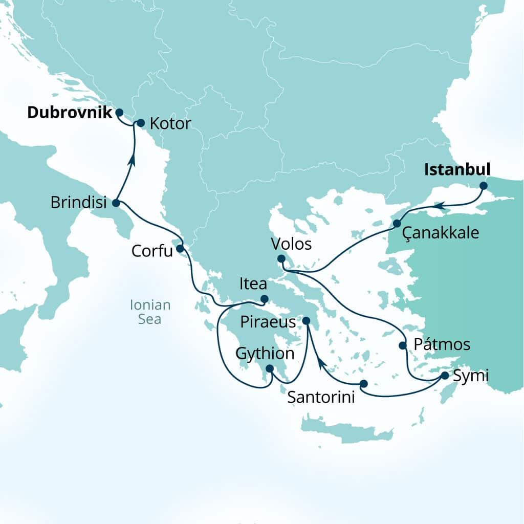 Carte de l’itinéraire Seabourn Ovation, Istanbul, Turquie → Dubrovnik, Croatie