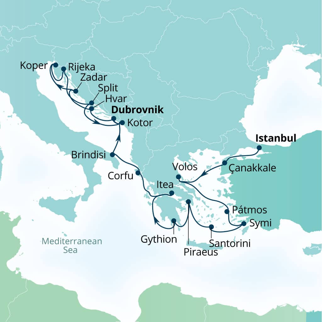 Carte de l’itinéraire Seabourn Ovation, Istanbul, Turquie → Dubrovnik, Croatie