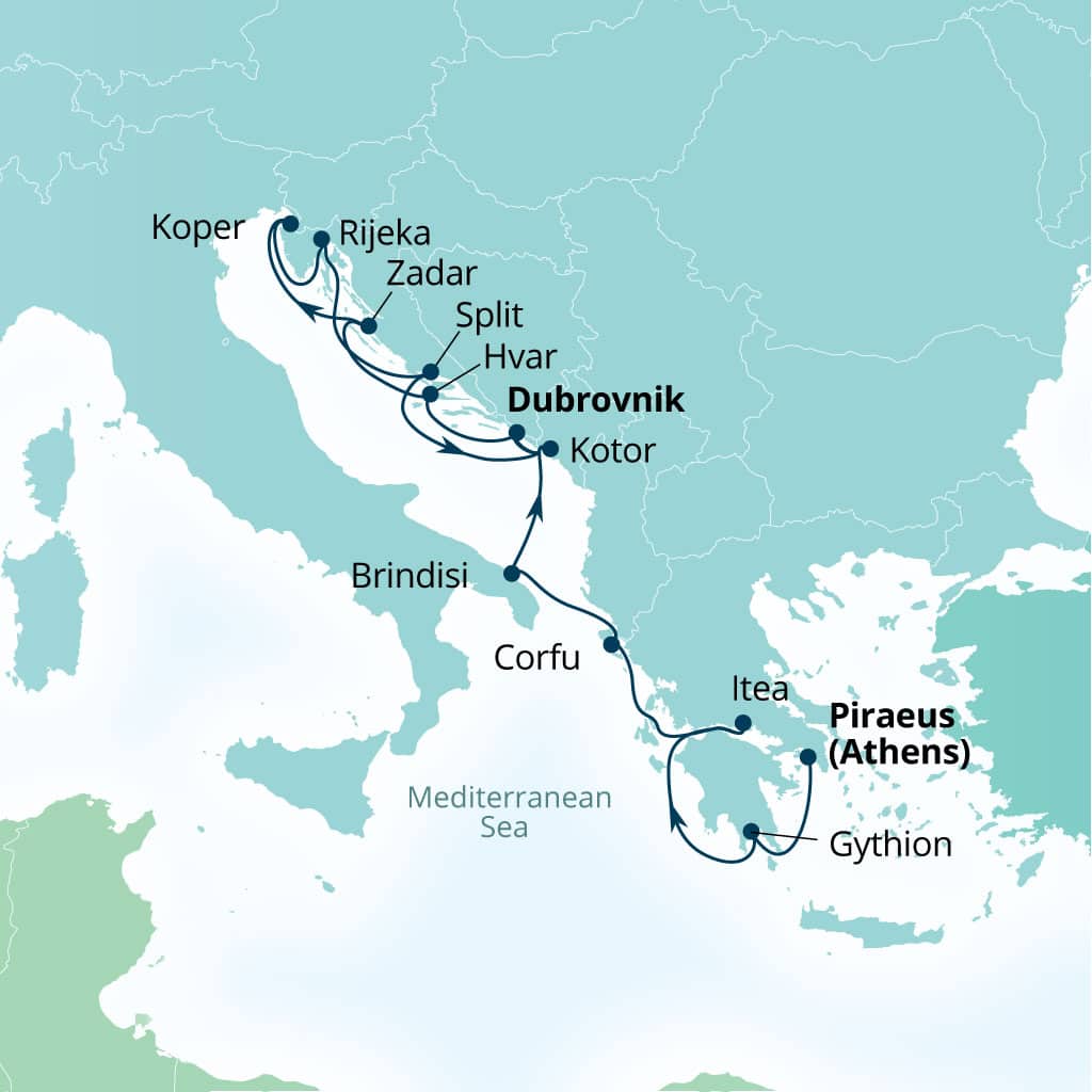 Carte de l’itinéraire Seabourn Ovation, Le Pirée (Athènes), Grèce → Dubrovnik, Croatie