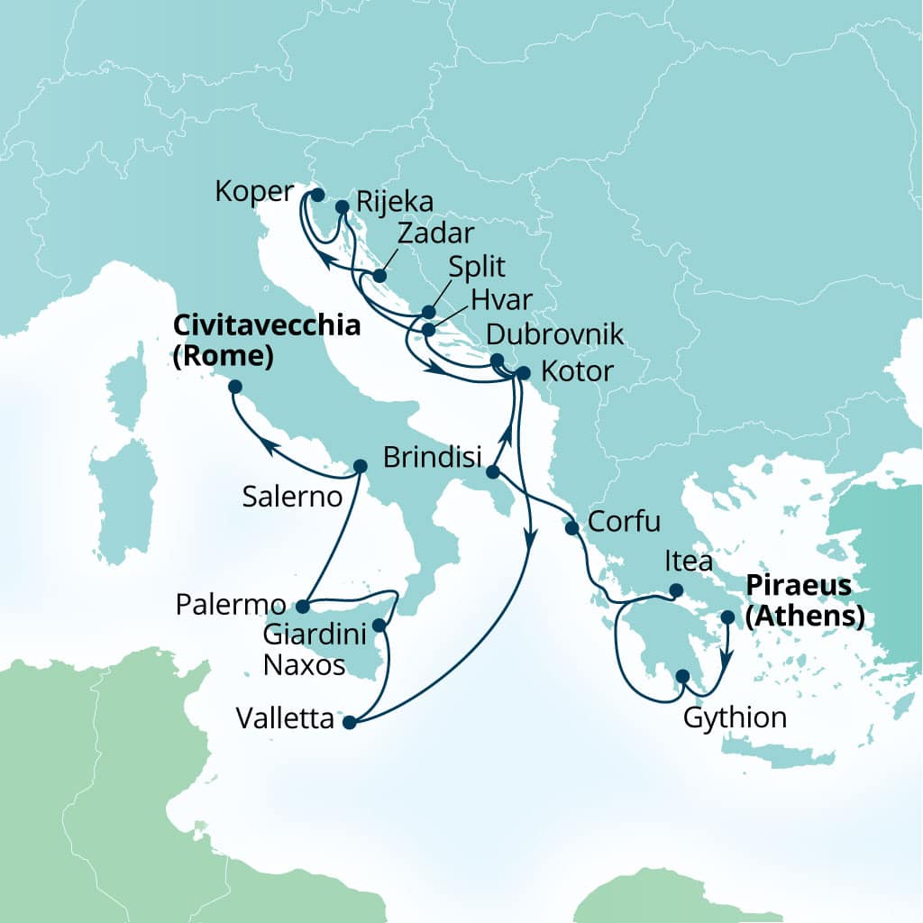 Carte de l’itinéraire Seabourn Ovation, Le Pirée (Athènes), Grèce → Civitavecchia (Rome), Italie