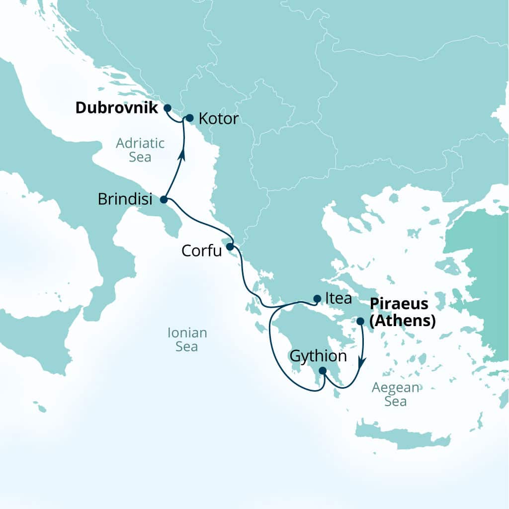 Carte de l’itinéraire Seabourn Ovation, Le Pirée (Athènes), Grèce → Dubrovnik, Croatie