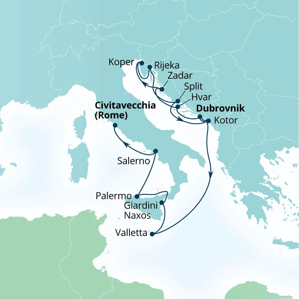 Carte de l’itinéraire Seabourn Ovation, Dubrovnik, Croatie → Civitavecchia (Rome), Italie