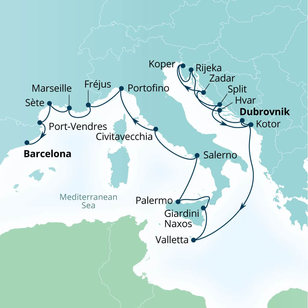 Carte de l’itinéraire Seabourn Ovation, Dubrovnik, Croatie → Barcelone, Espagne