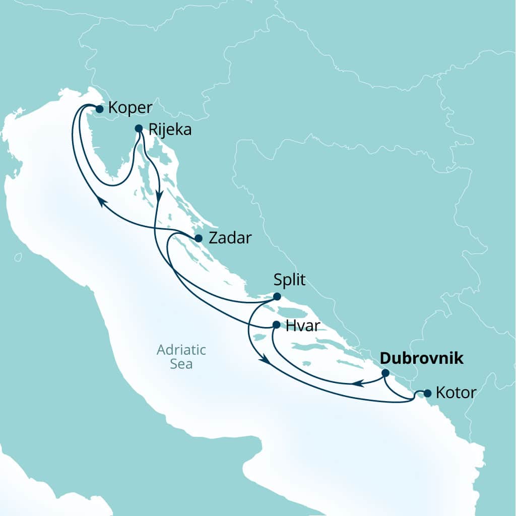Carte de l’itinéraire Seabourn Ovation, Dubrovnik, Croatie → Dubrovnik, Croatie