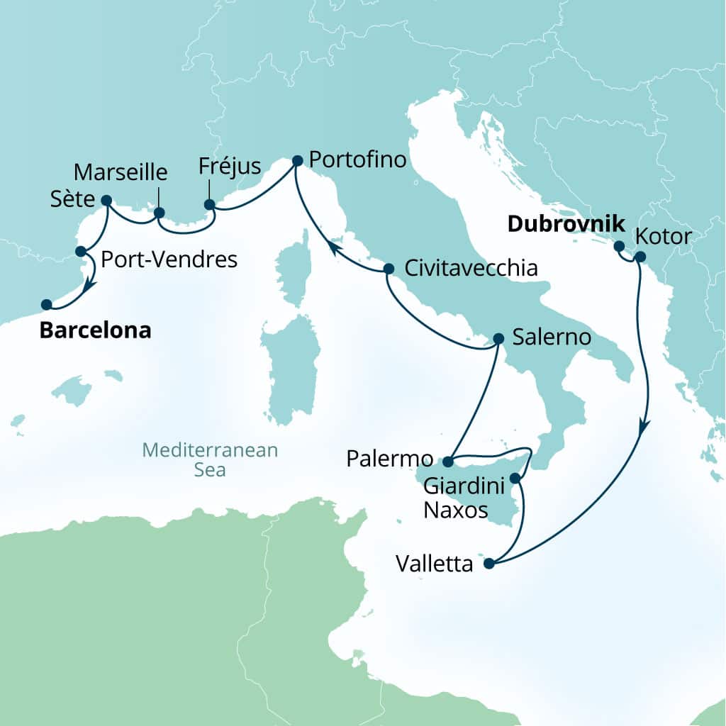 Carte de l’itinéraire Seabourn Ovation, Dubrovnik, Croatie → Barcelone, Espagne
