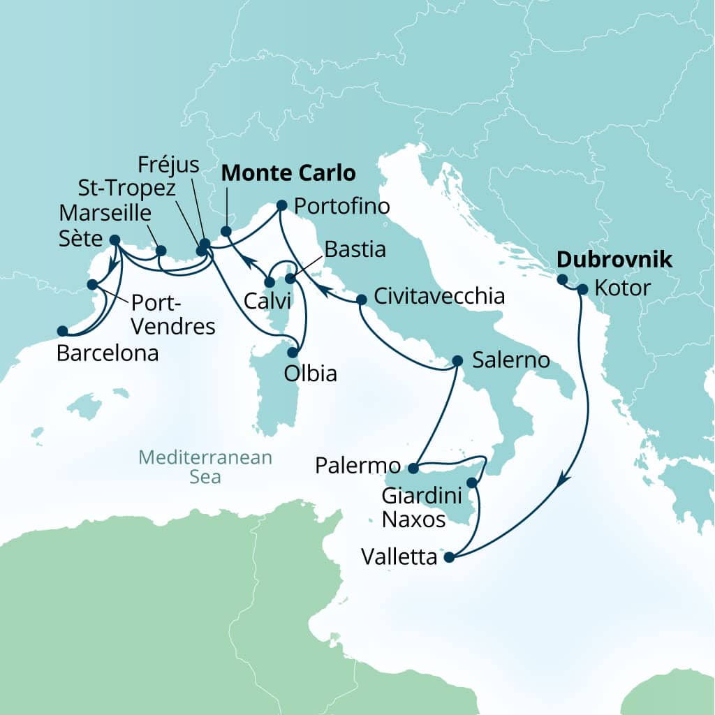Carte de l’itinéraire Seabourn Ovation, Dubrovnik, Croatie → Monte Carlo, Monaco