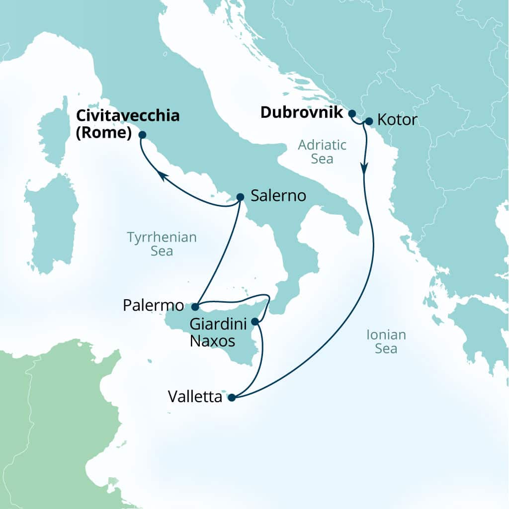 Carte de l’itinéraire Seabourn Ovation, Dubrovnik, Croatie → Civitavecchia (Rome), Italie