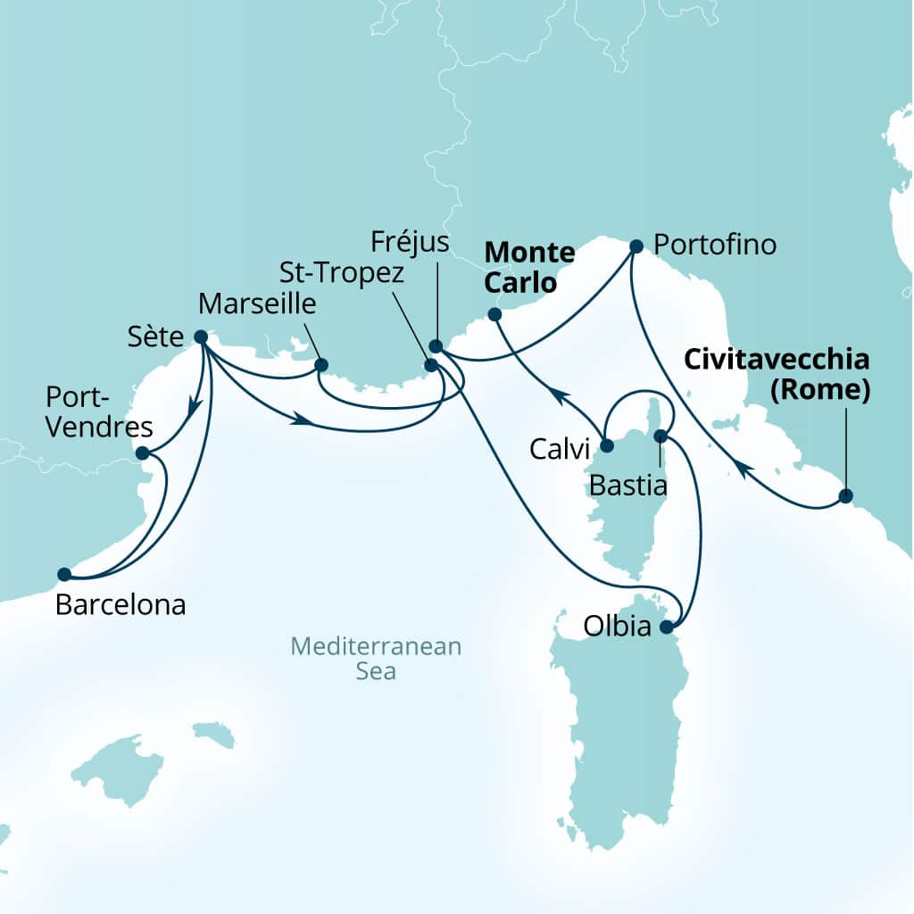 Carte de l’itinéraire Seabourn Ovation, Civitavecchia (Rome), Italie → Monte Carlo, Monaco