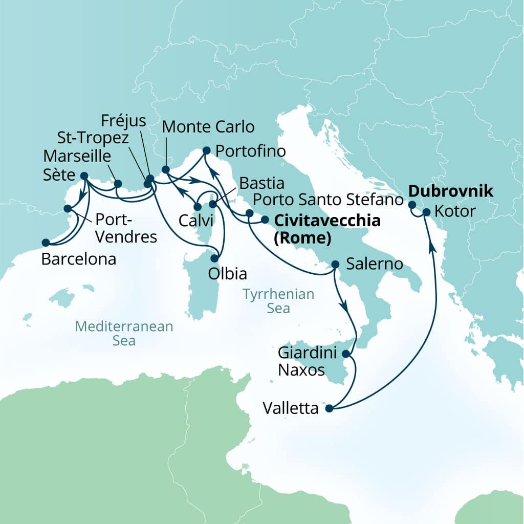 Carte de l’itinéraire Seabourn Ovation, Civitavecchia (Rome), Italie → Dubrovnik, Croatie