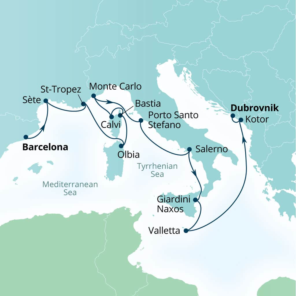 Carte de l’itinéraire Seabourn Ovation, Barcelone, Espagne → Dubrovnik, Croatie